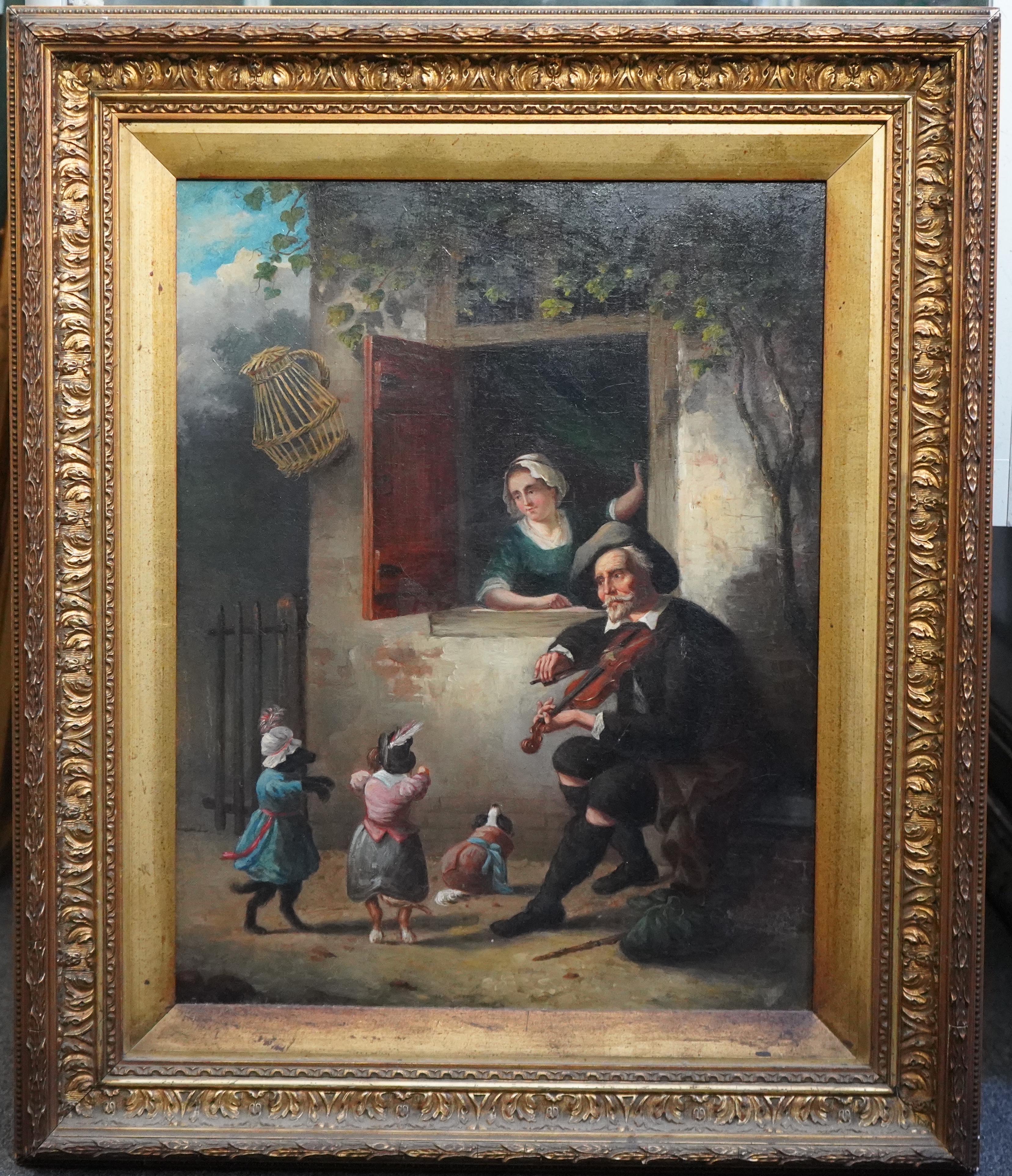 19th century English School , 17th century figures outside a cottage with musician and dancing dogs, oil on canvas, 48 x 37cm